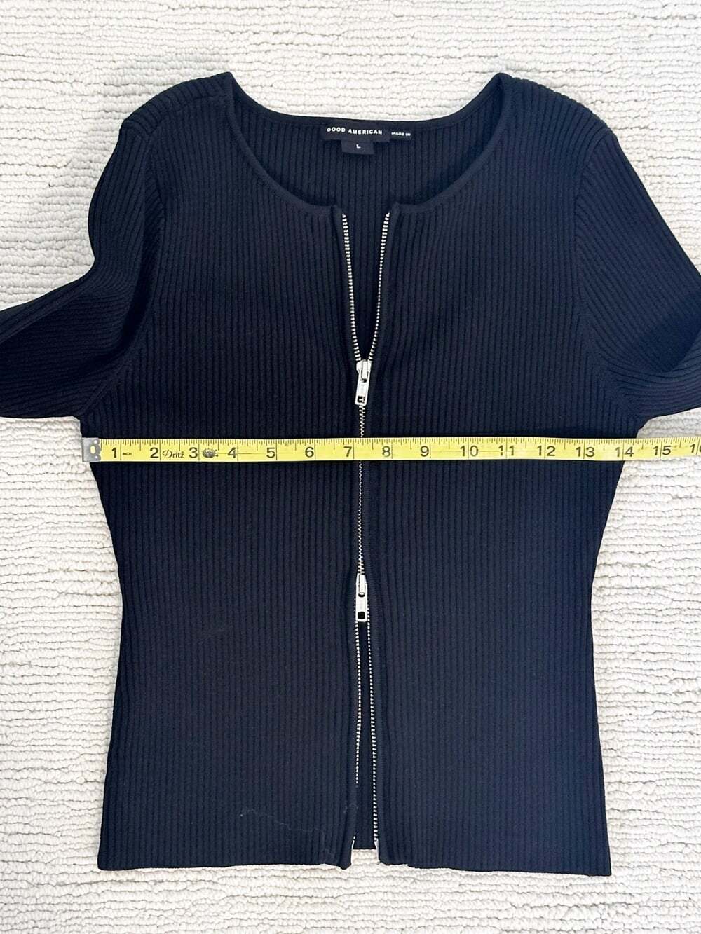 GOOD AMERICAN Virgo Rib Zip Front Sz L Black Sweater 90s Y2K Streetwear Goingout - Picture 10 of 15